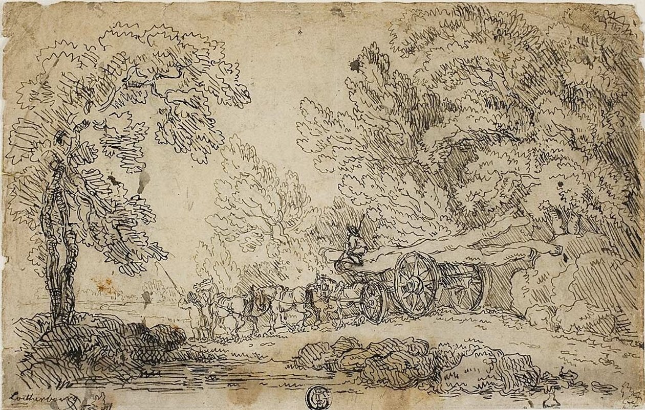 Rönkhúzás az erdőben (recto); vázlatok különböző tevékenységet végző emberekről (verso) alkotó: Philippe Jacques de Loutherbourg II
