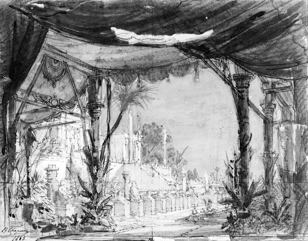Hector Berlioz (1806-69) „Les Troyens” színpadi díszlete 1863 (toll és tinta, mosás papíron) alkotó: Philippe Marie Chaperon