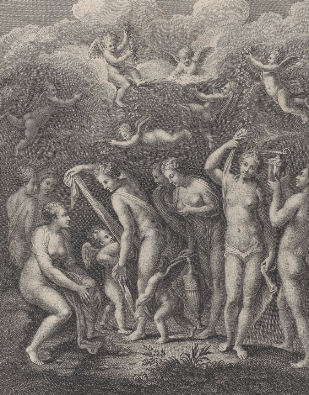 Héra, Aphrodité és Athéné a szépségversenyre készülnek P... előtt, kb. 1729-40. alkotó: Philippe Simonneau