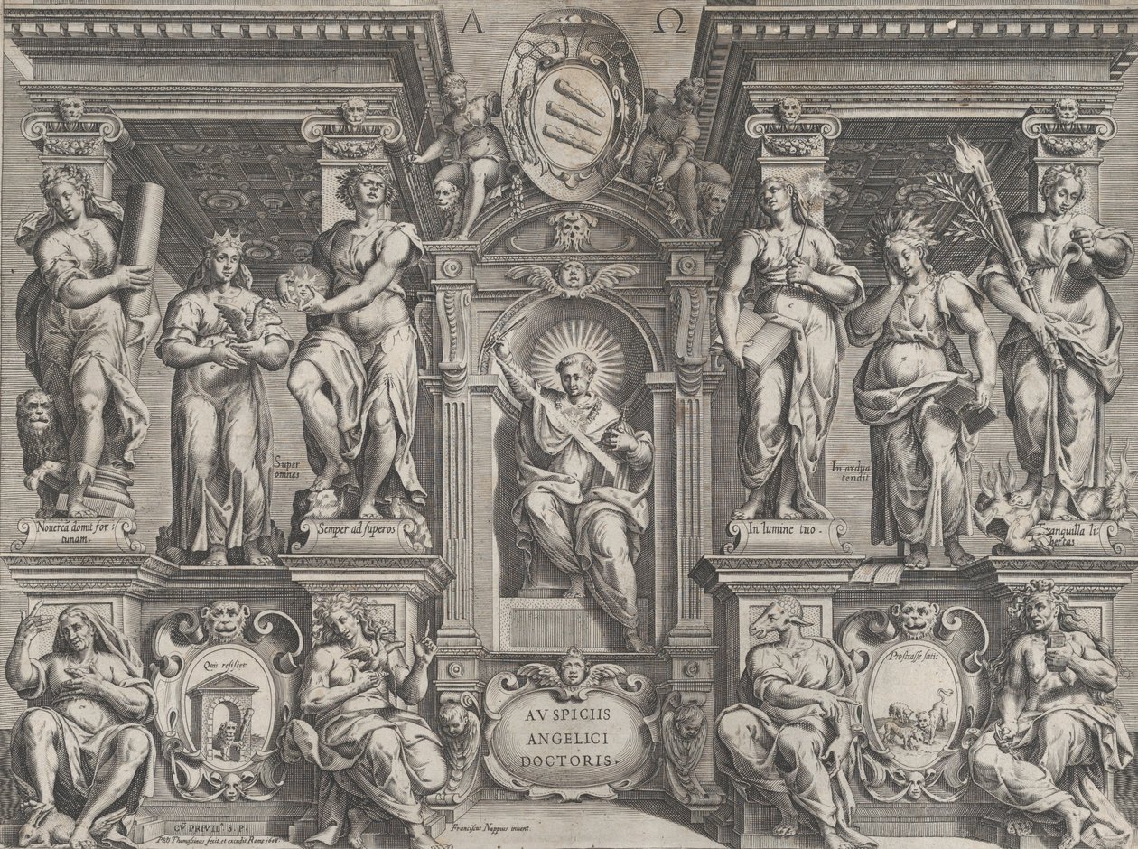 Allegorikus tézisnyomat különféle figurákkal, építészeti szerkezetben, 1608. alkotó: Philippe Thomassin