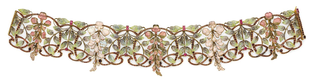Szecessziós multi-gem és zománcozott "Glycines" choker alkotó: Philippe Wolfers