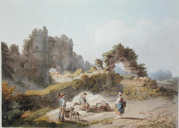A Carisbrook Castle kapuja, „Anglia és Wales romantikus és festői tája”, 1805-ben jelent meg (színes metszet) alkotó: Philippe de (after) Loutherbourg