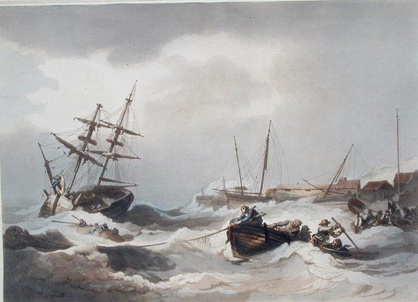 Vihar Margate-nél, az 1805-ben megjelent "The Romantic and Picturesque Scenery of England and Wales" (Anglia és Wales romantikus és festői tájai) című műből (színes metszet). alkotó: Philippe de (after) Loutherbourg