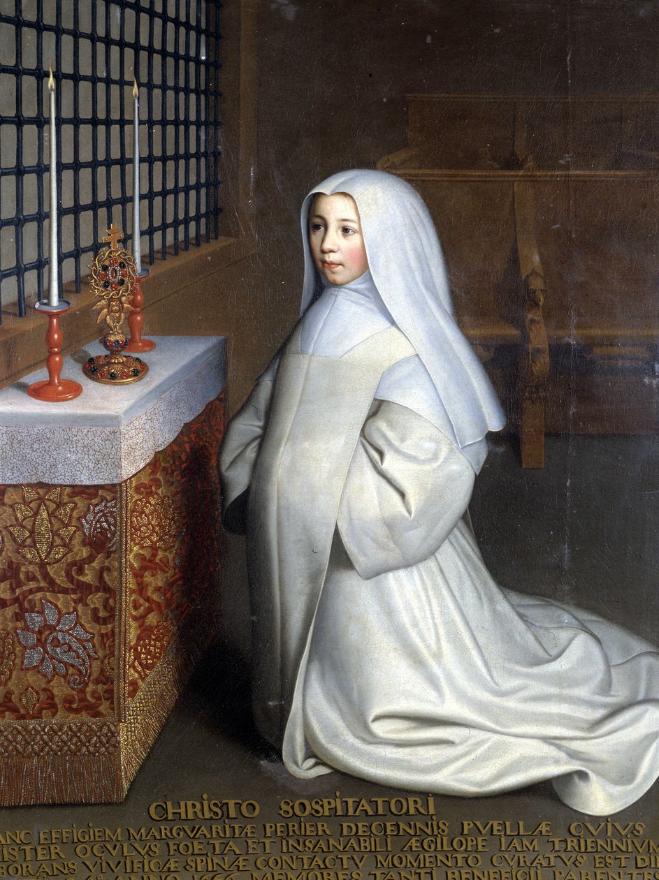 Marguerite Périer portréja, a Port Royal des Champs-i kolostor (Port-Royal-des-Champs) rabja és Pascal unokahúga („” Krisztushoz, a Megváltóhoz: Marguerite Périer, egy 10 éves kislány, akinek meggyógyult a bal szeme érintkezik az élénkítő tövissel" - O alkotó: Philippe de (attr. to) Champaigne