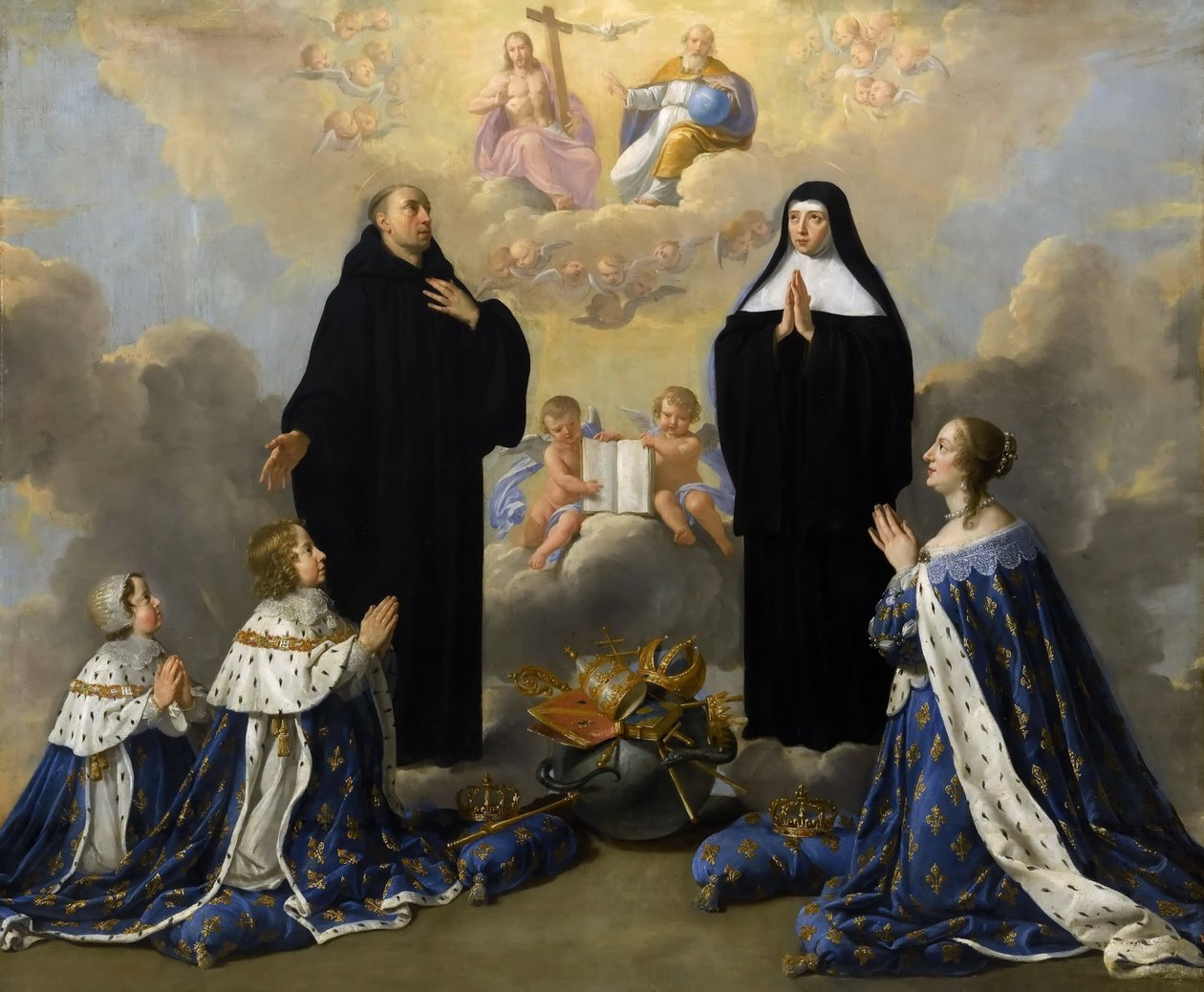 Osztrák Anna gyermekeivel a Szentháromsághoz imádkozik Szent Benedekkel és Scholasticával alkotó: Philippe de Champaigne