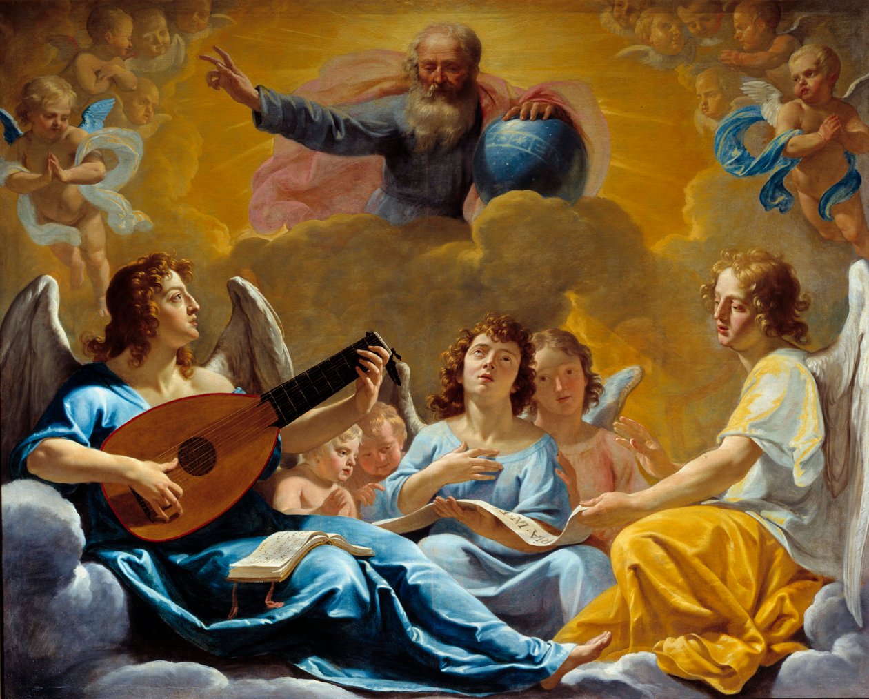 Angyalok koncertjei A Mindenható Isten ábrázolása a Földgömbbel. Philippe de Champaigne (1602-1674) festménye 17. század V. 1,75x2,2 m Rouen, Muse des Beaux Arts alkotó: Philippe de Champaigne