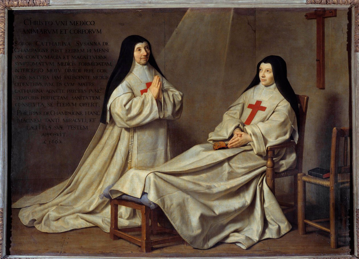 Janzenizmus: „” Catherine Agnes Arnauld anya (1593-1671) és Catherine de Sainte Suzanne Champaigne nővér (1636-1686), a művész lánya portréja”” Saint-Paul Katalin Ágnes anyja, akit Agnes Arnauldnak hívtak, a művész apátnője volt. a Port Roya-i apátság alkotó: Philippe de Champaigne