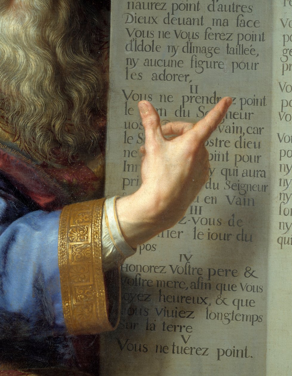 Mózes és a törvény táblázatai, Mózes kezének részlete, amely a tíz parancsolatot mutatja. Philippe De Champaigne festménye (1602-1674) Ec. Nagyzolás. alkotó: Philippe de Champaigne