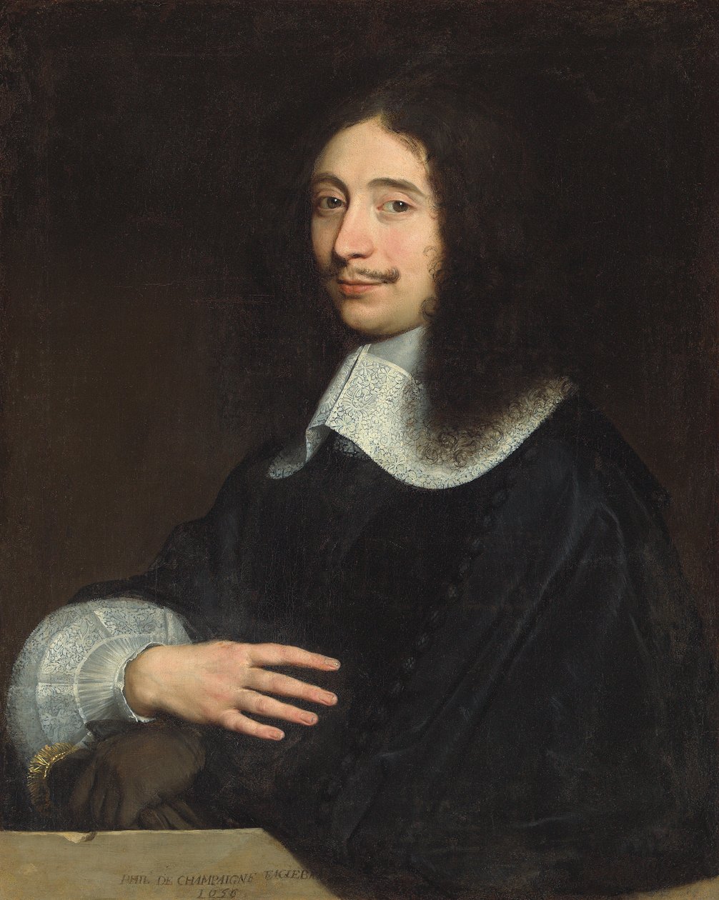 Egy úriember portréja, hagyományosan Noël de Bullionként azonosítva, félhosszú, fekete, csipkegallérral és ujjú, kesztyűvel a bal kezében, 1656 alkotó: Philippe de Champaigne