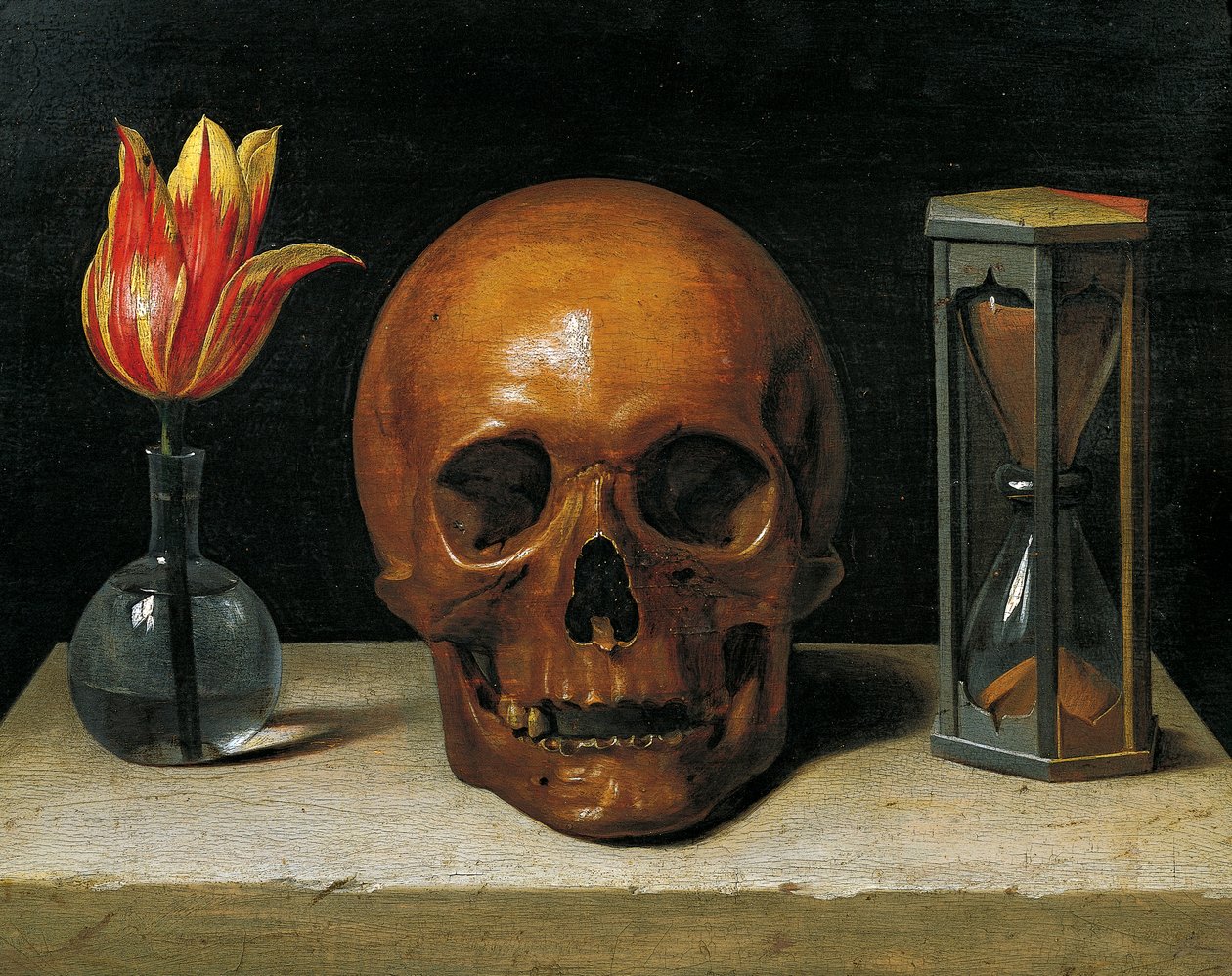 Vanitas csendélet tulipánnal, koponyával és óraüveggel (olaj a panelen) alkotó: Philippe de Champaigne