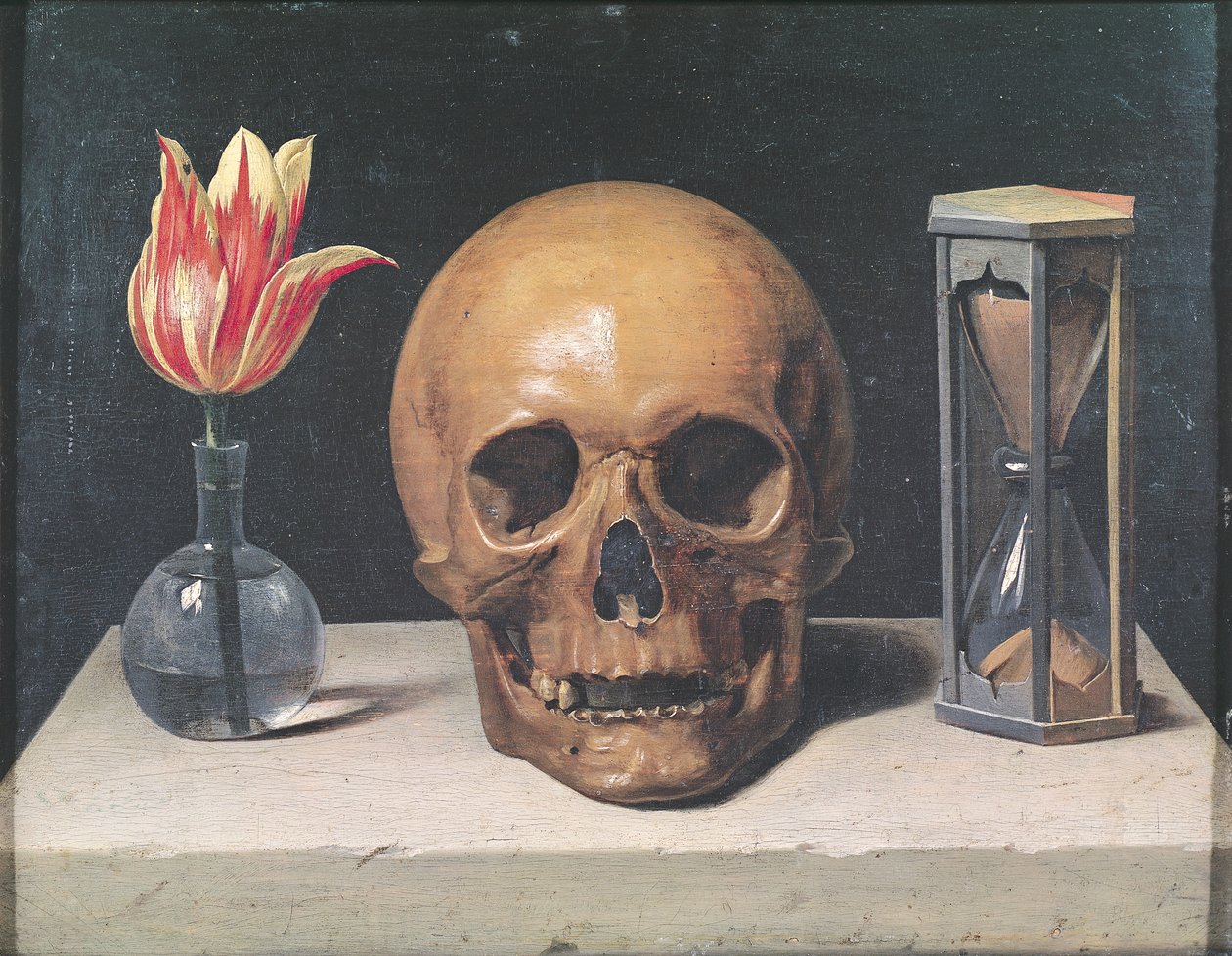Vanitas csendélet tulipánnal, koponyával és óraüveggel (olaj a panelen) alkotó: Philippe de Champaigne