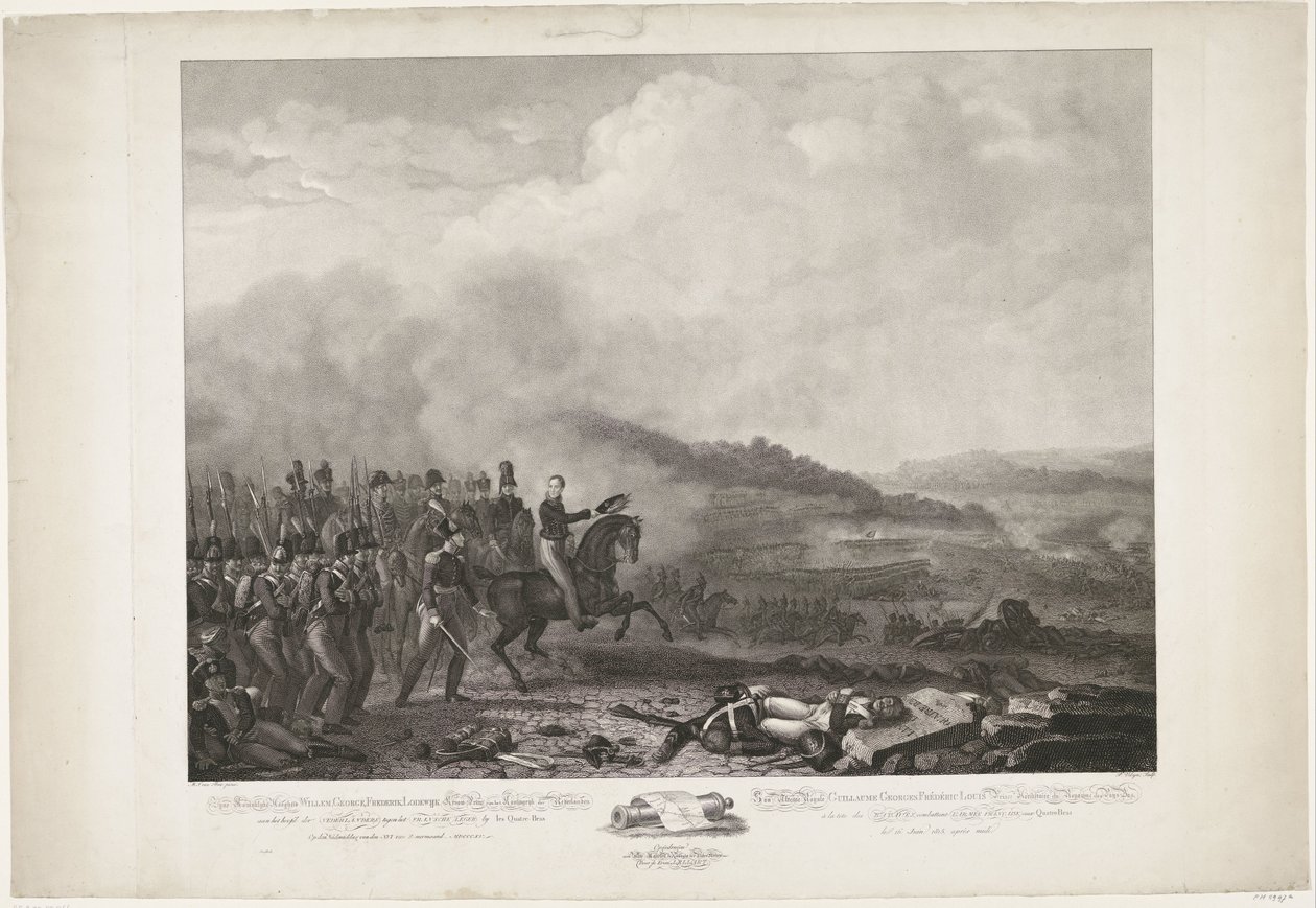 Orange hercege a holland csapatok élén a Quatre-Bras-i csatában, 1815 Őfelsége Vilmos, György, Frederik, Lodewijk, a Holland Királyság koronahercege a hollandok élén a francia hadsereg ellen Quatre-B által alkotó: Philippus Velijn
