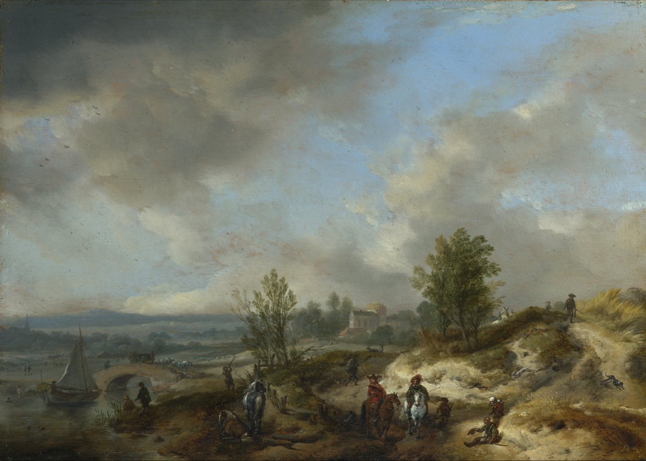 Dűne táj folyóval és sok figurával alkotó: Philips Wouwerman
