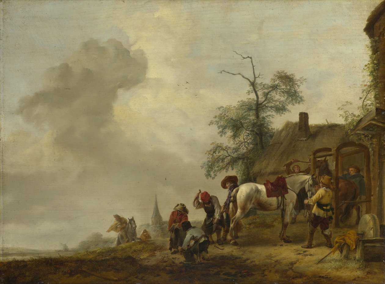 Egy ló megpatkolt egy falusi kovácsműhelyen kívül alkotó: Philips Wouwerman