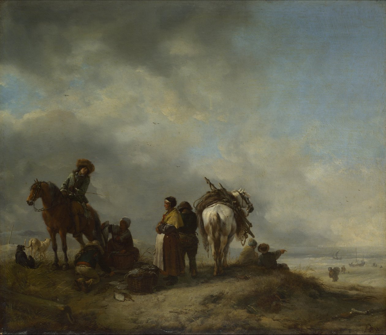Kilátás a tengerparton halasszonyokkal, akik halat kínálnak egy lovasnak alkotó: Philips Wouwerman