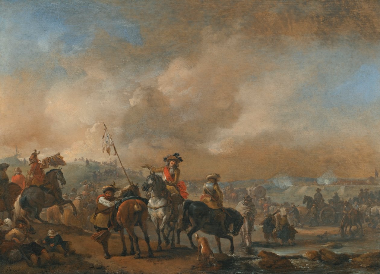 A lovasság mozgásban van, túl ostrom alatt álló erődítmény alkotó: Philips Wouwerman