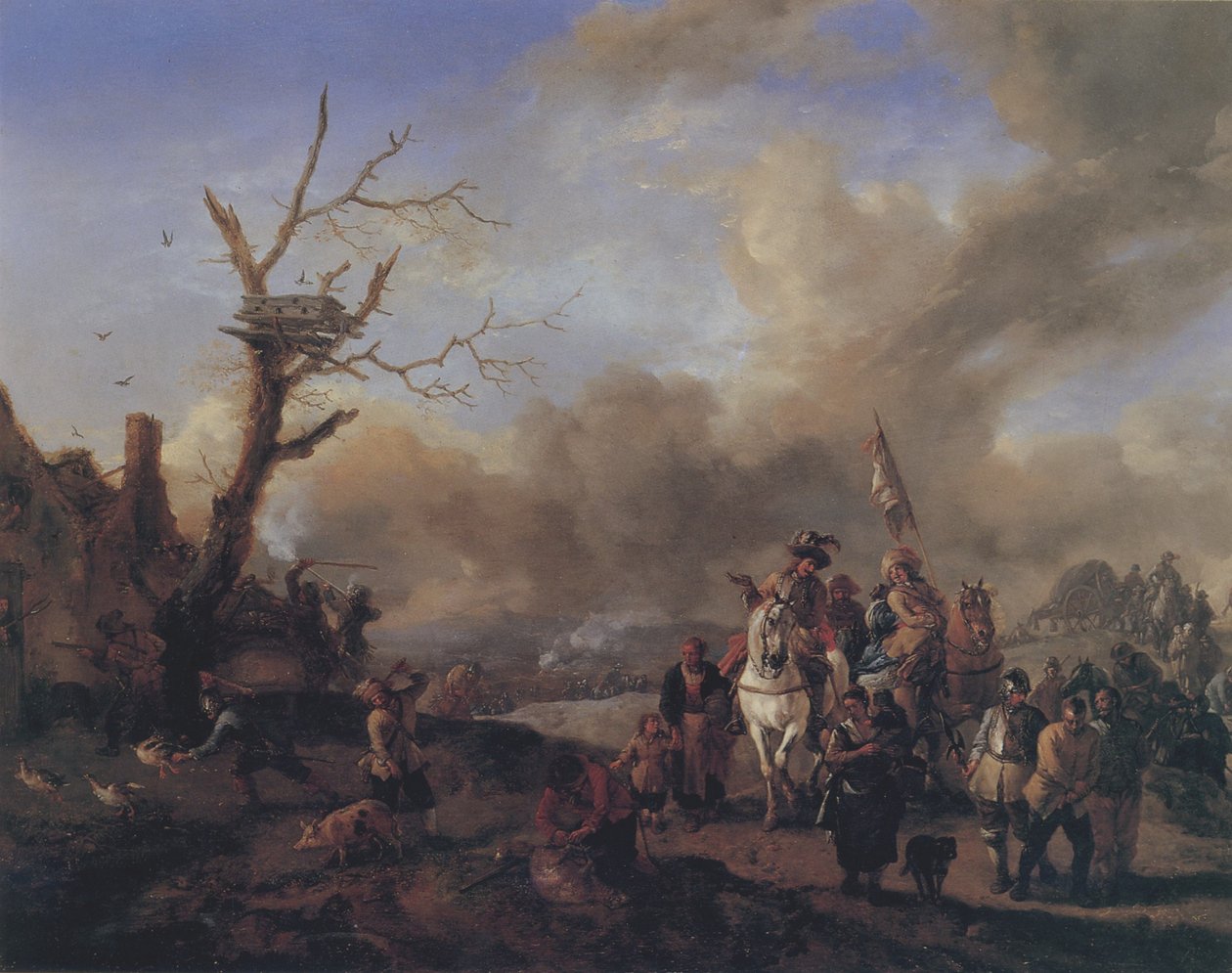 Katonák csapata érkezik sutlerrel és gyerekekkel, kifoszt egy farmot alkotó: Philips Wouwerman
