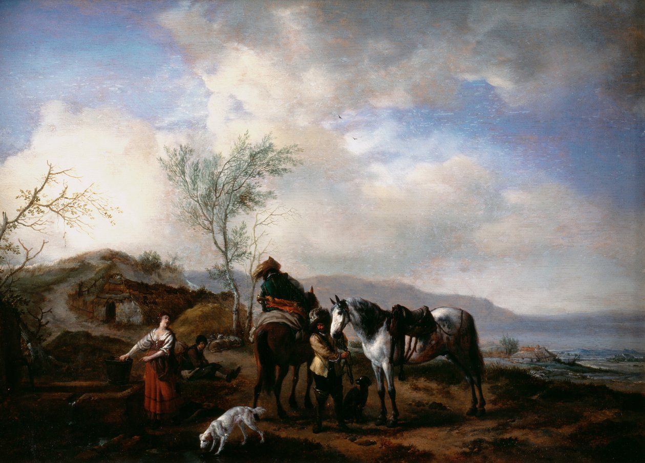 Két lovas egy szökőkút közelében alkotó: Philips Wouwerman