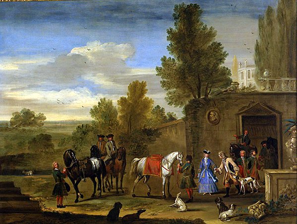 Lovas csoport a kastély falain kívül (olaj, vászon) alkotó: Philips (attr.) Wouwermans or Wouvermans