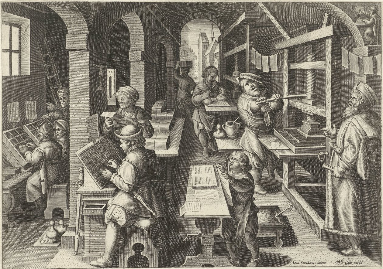 sajtó Új találmányok és felfedezések (sorozat címe) Nova Reperta (sorozat címe) alkotó: Philips Galle (attributed to workshop of)