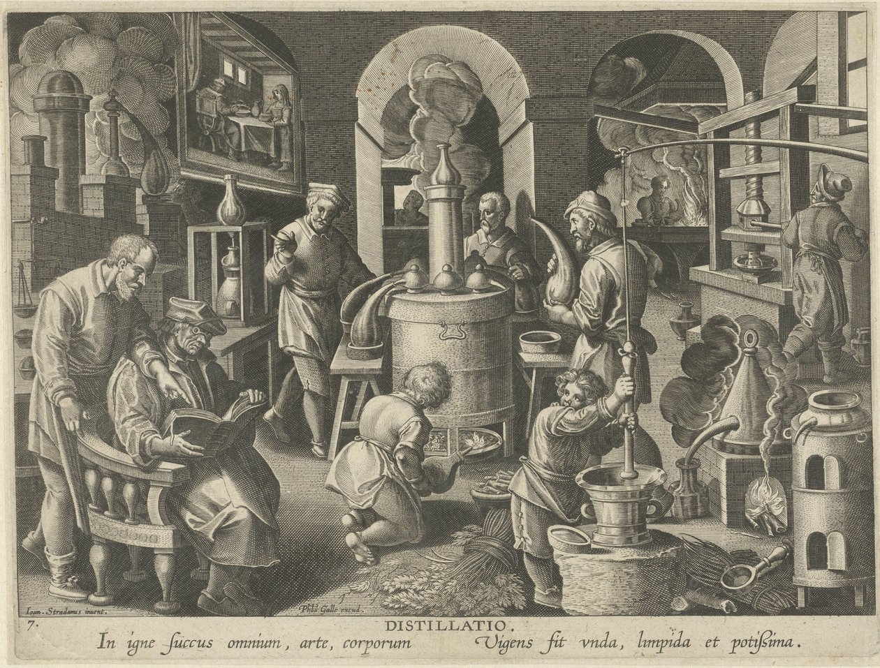 Lepárlás Lepárlás (cím a tárgyon) Új találmányok és felfedezések (sorozat címe) Nova Reperta (sorozat címe) alkotó: Philips Galle (attributed to workshop of)
