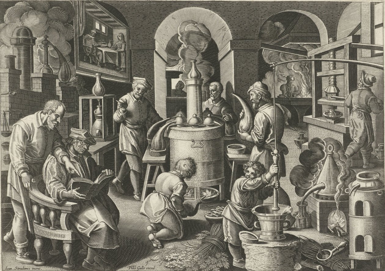 Lepárlás Új találmányok és felfedezések (sorozat címe) Nova Reperta (sorozat címe) alkotó: Philips Galle (attributed to workshop of)