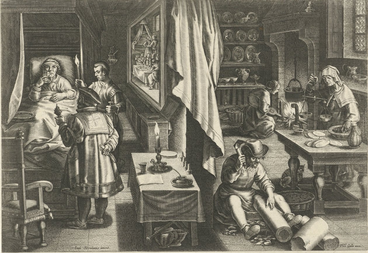 Gyógyszer szifiliszre Új találmányok és felfedezések (sorozat címe) Nova Reperta (sorozat címe) alkotó: Philips Galle (attributed to workshop of)