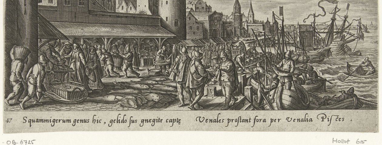 Vismarkt Jacht en visvangst (sorozat címe) Vadászat, horgászat és vadászati ​​típusok (sorozat címe) alkotó: Philips Galle (attributed to workshop of)
