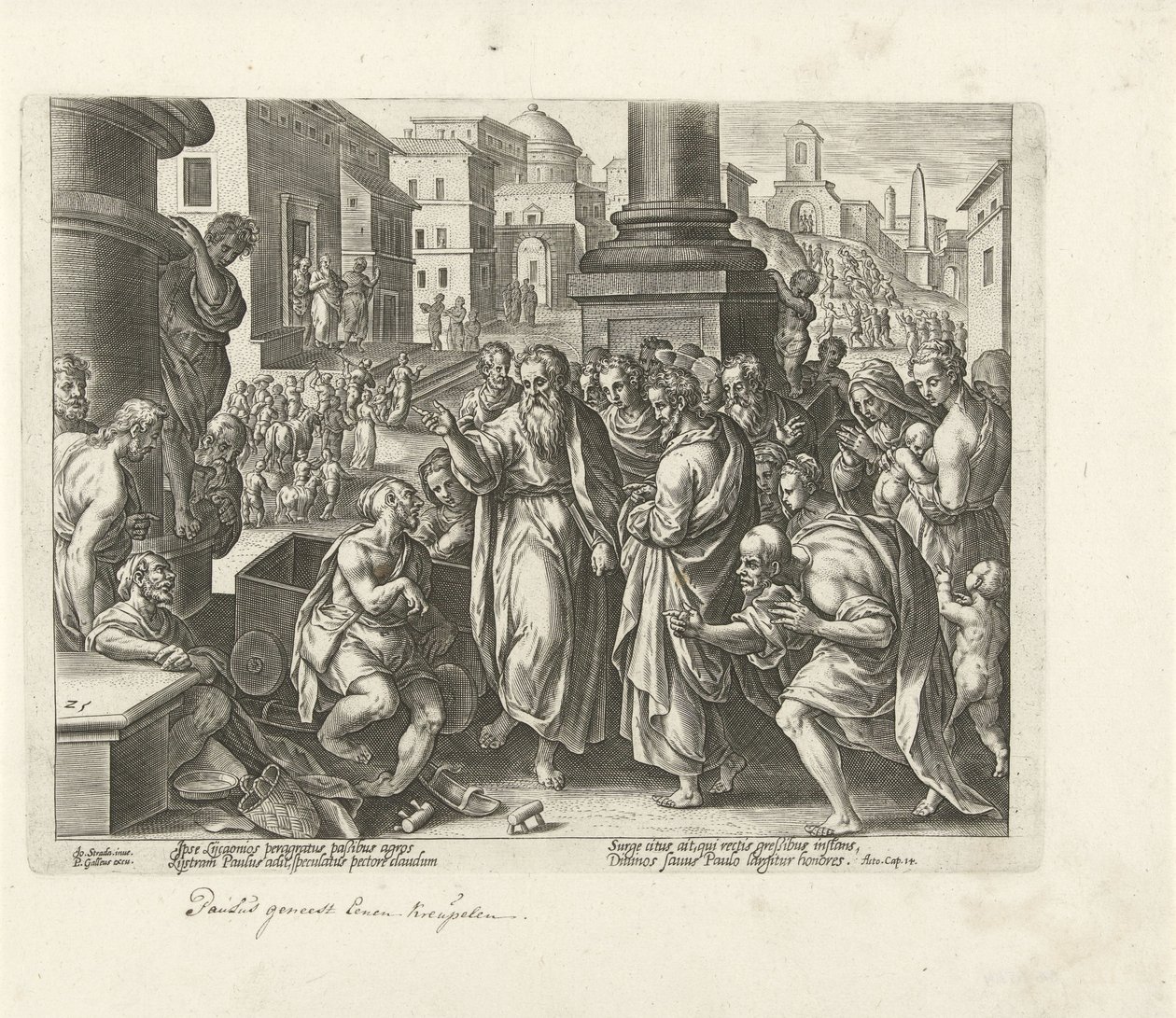 Pál meggyógyít egy nyomorékot Lystrában Az Apostolok Cselekedetei (sorozat címe) Acta Apostolorum (sorozat címe) alkotó: Philips Galle (possibly)