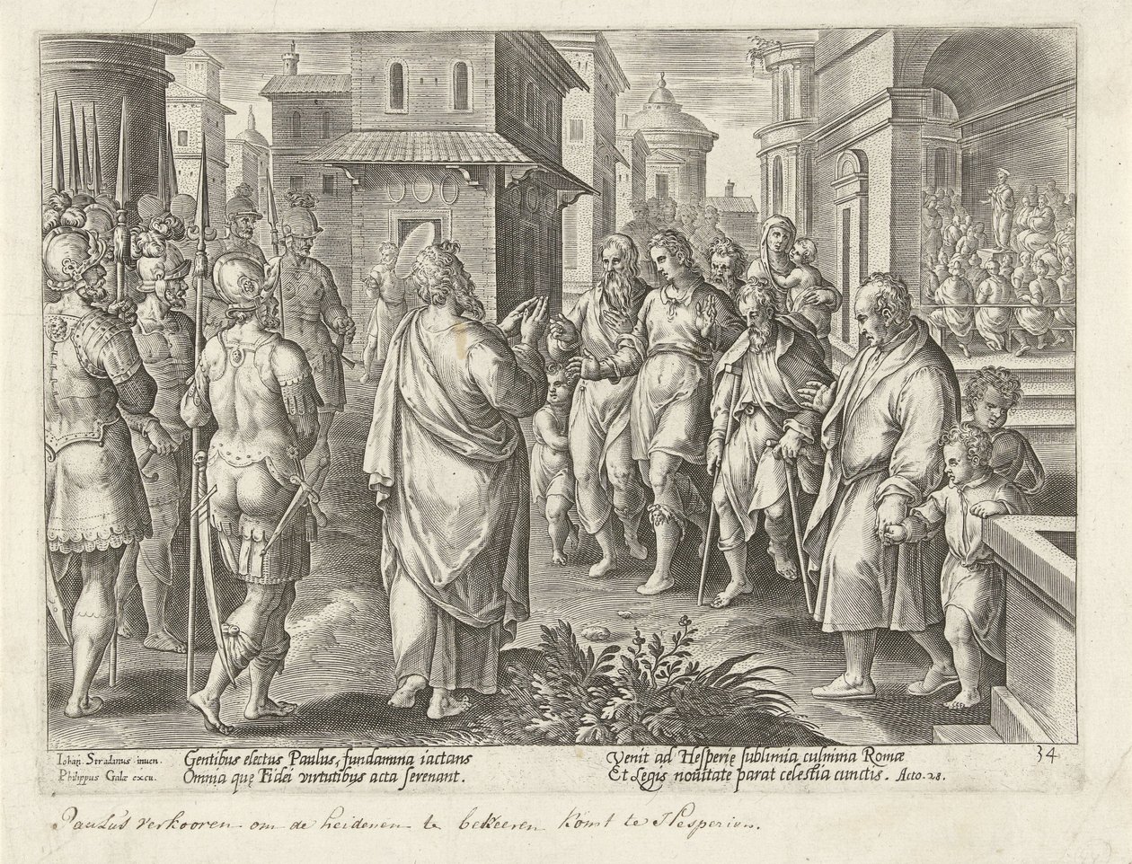Pál Krisztus tanításait hirdeti Rómában Az Apostolok Cselekedetei (sorozat címe) Acta Apostolorum (sorozat címe) alkotó: Philips Galle (possibly)