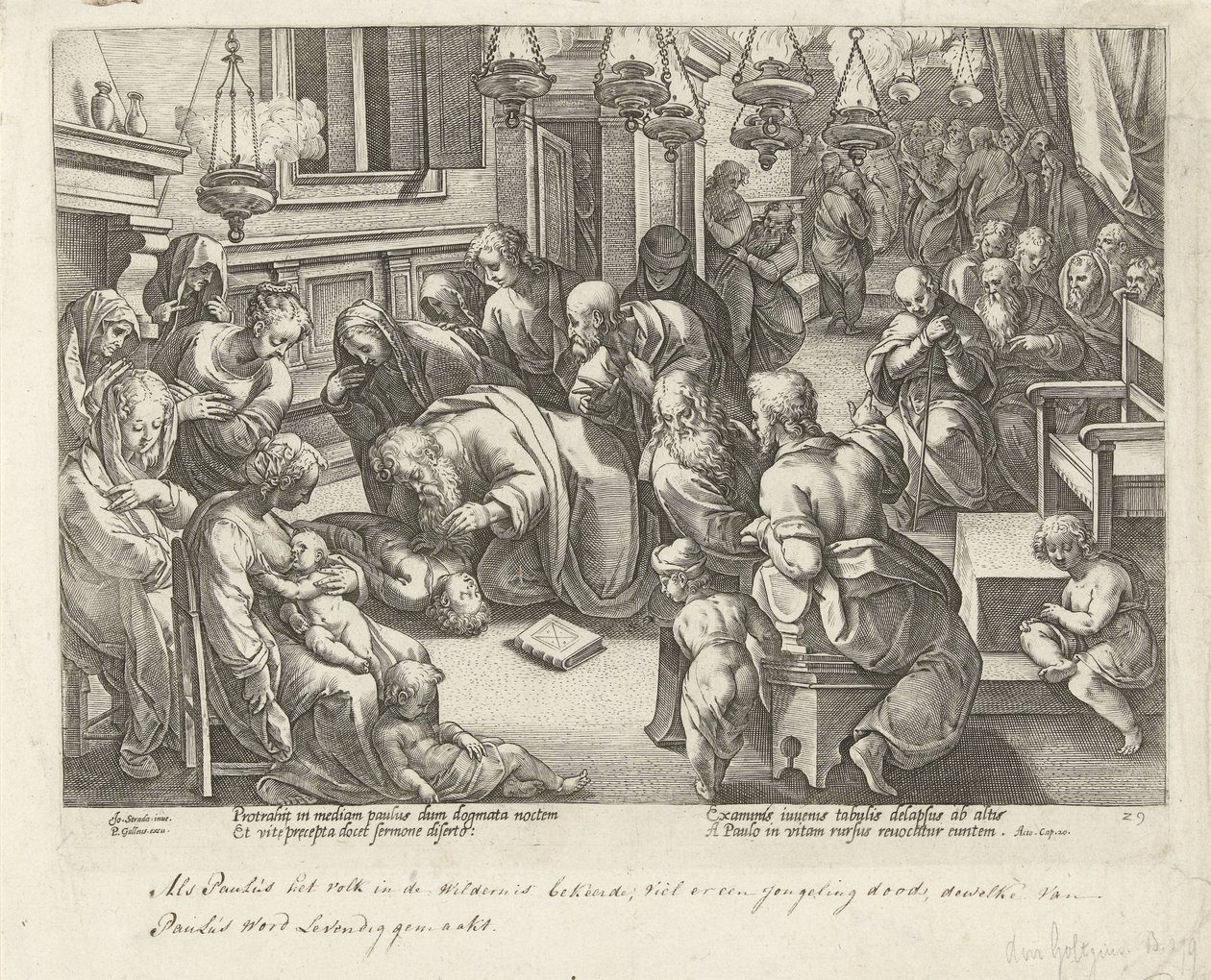 Pál életre kelti Eutikhoszt Az Apostolok Cselekedetei (sorozat címe) Acta Apostolorum (sorozat címe) alkotó: Philips Galle (workshop of)