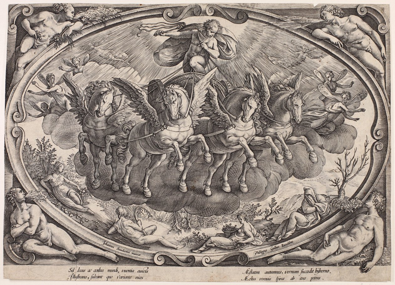 Apollón (Sol) a napkocsival (A négy évszak a nappal, címlap) alkotó: Philips Galle