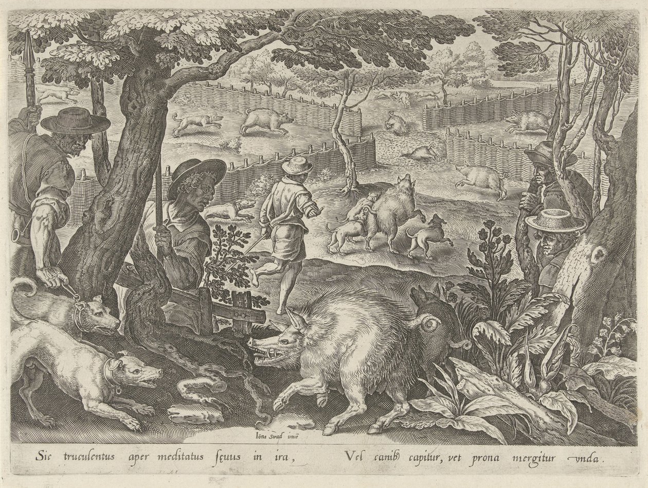 Drijfjacht op zwijnen Jachttaferelen (sorozat címe) Amelyben mindenféle vadászat, madártartás és horgászat (sorozat címe) alkotó: Philips Galle