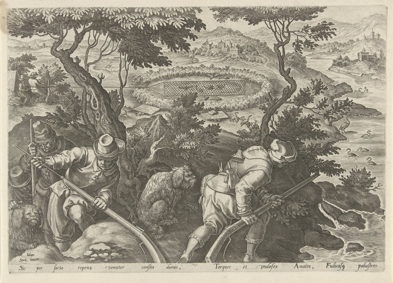 Eendenjacht Jachttaferelen (sorozat címe) Amelyben mindenféle vadászat, madártartás és horgászat (sorozat címe) alkotó: Philips Galle