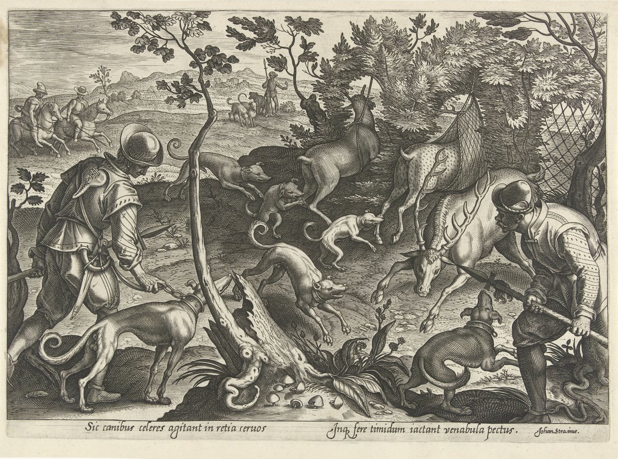 Hertenjacht met vallen Jachttaferelen (sorozat címe) Amelyben mindenféle vadászat, madártartás és horgászat (sorozat címe) alkotó: Philips Galle