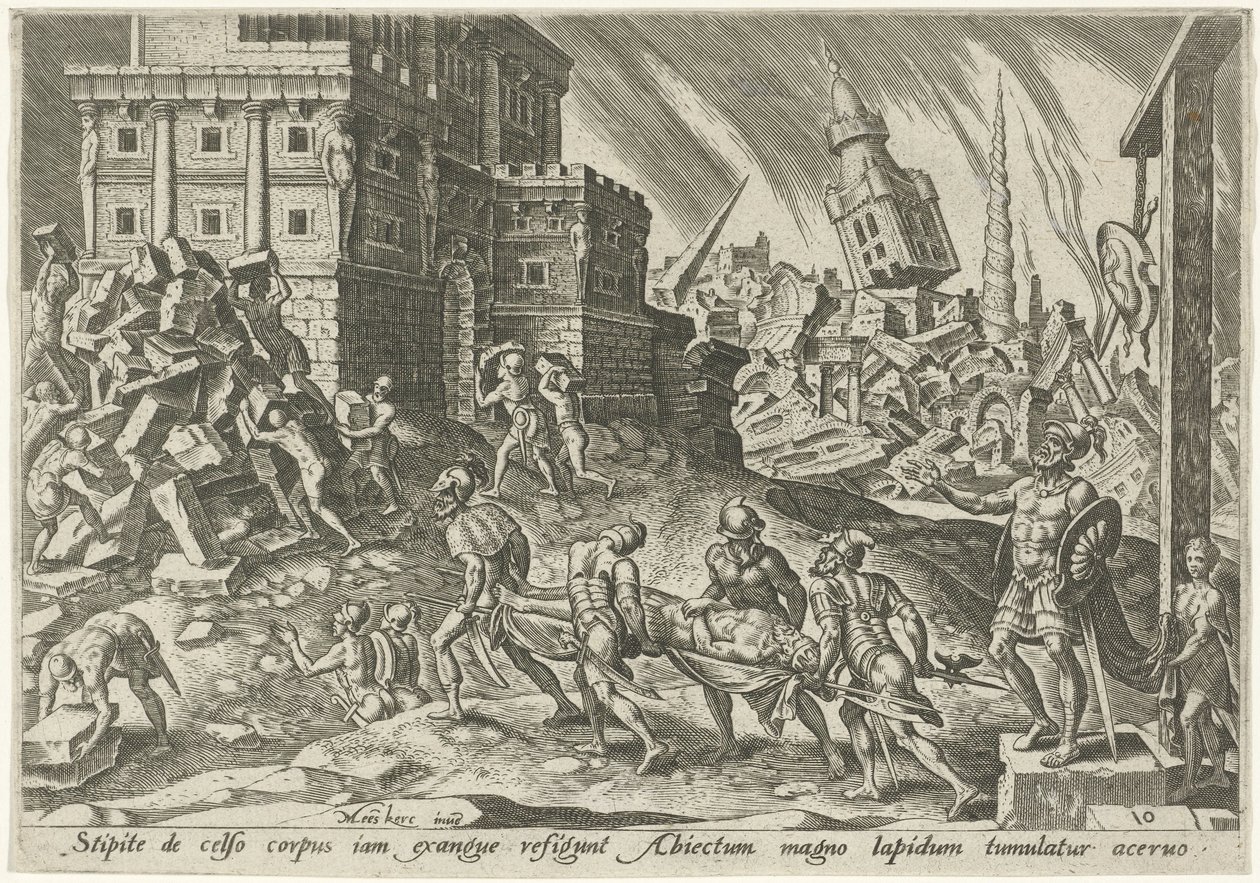 Ai királyának holttestét a város kapujához viszik The Days of Doom of the Jewish People (sorozat címe) alkotó: Philips Galle
