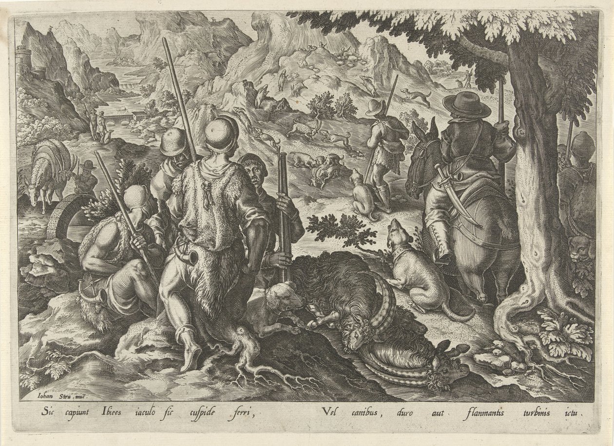 Jacht op berggeiten Jachttaferelen (sorozat címe) Amelyben mindenféle vadászat, madártartás és horgászat (sorozat címe) alkotó: Philips Galle