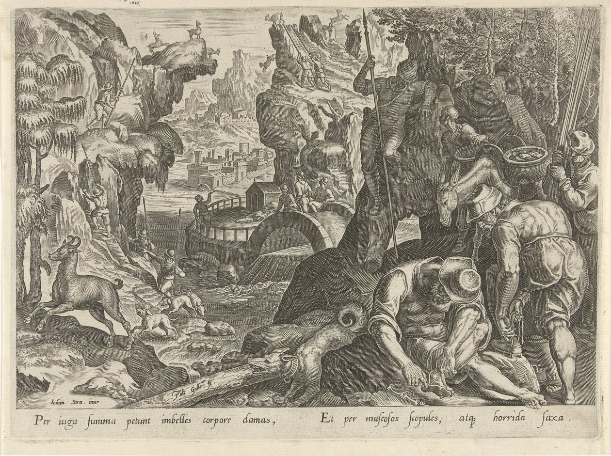 Jacht op gemzen Jachttaferelen (sorozat címe) Amelyben mindenféle vadászat, madártartás és horgászat (sorozat címe) alkotó: Philips Galle