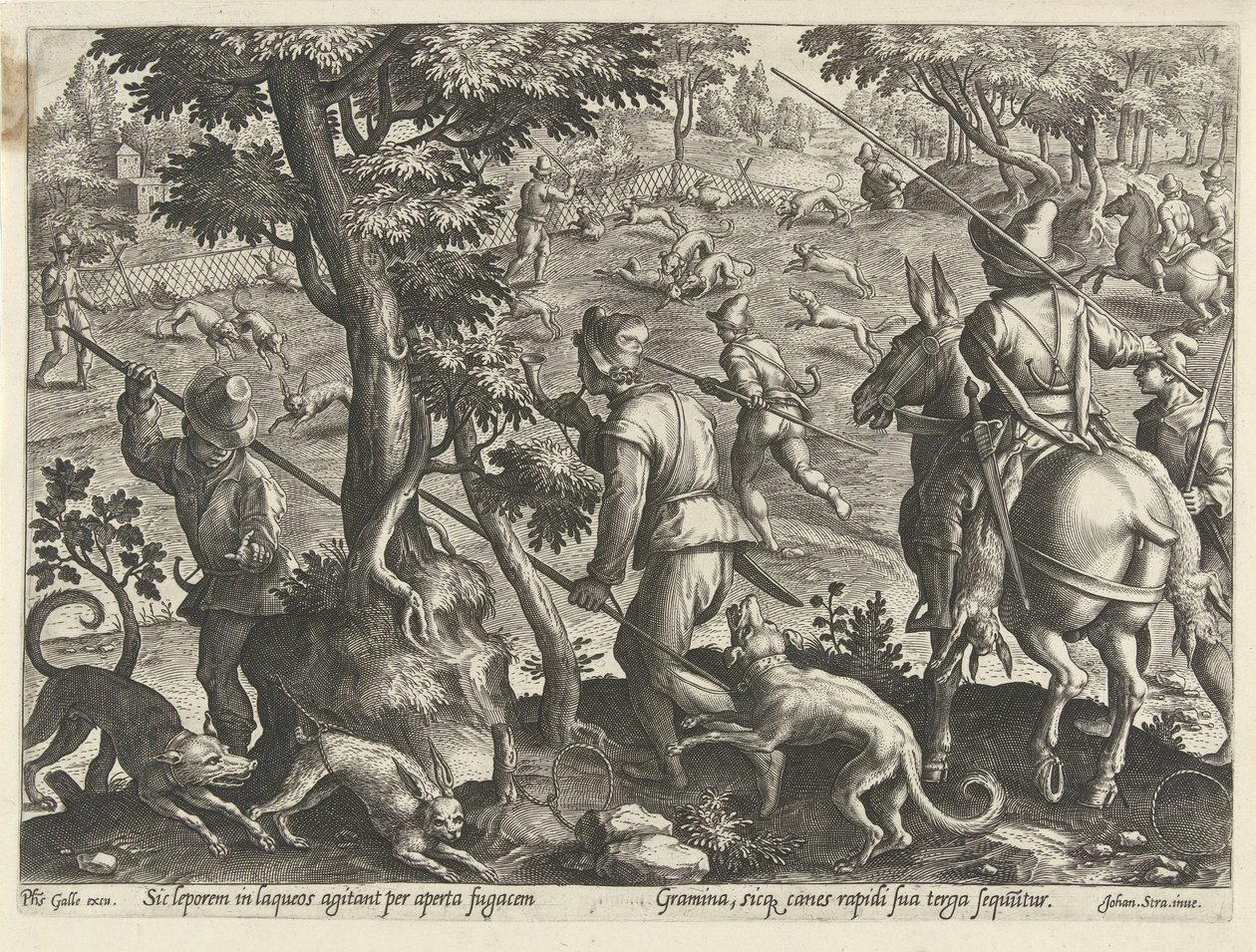 Jacht op hazen Jachttaferelen (sorozat címe) Amelyben mindenféle vadászat, madártartás és horgászat (sorozat címe) alkotó: Philips Galle