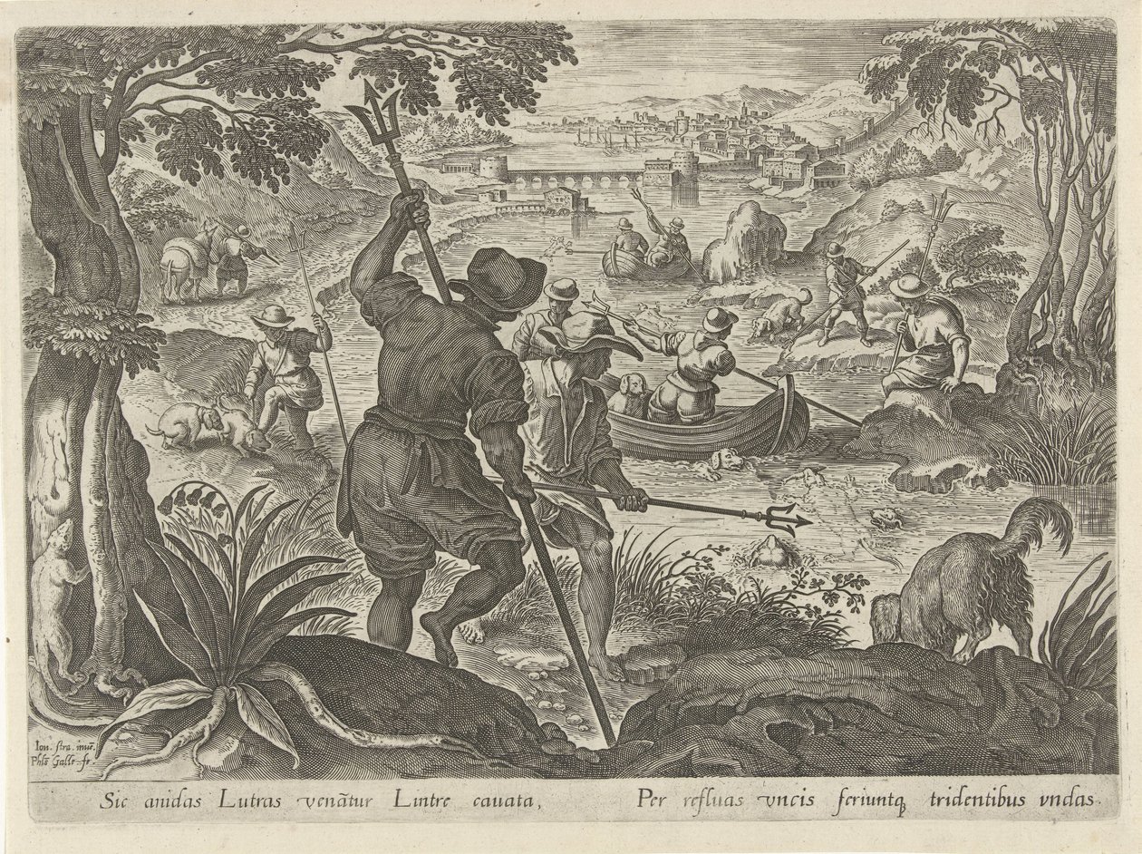Jacht op vidra Jachttaferelen (sorozat címe) Amelyben mindenféle vadászat, madártartás és horgászat (sorozat címe) alkotó: Philips Galle