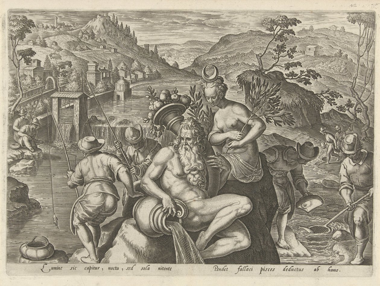 Nachtelijk vissen met een hengel Jachttaferelen (sorozat címe) Amelyben mindenféle vadászat, madártartás és horgászat (sorozat címe) alkotó: Philips Galle