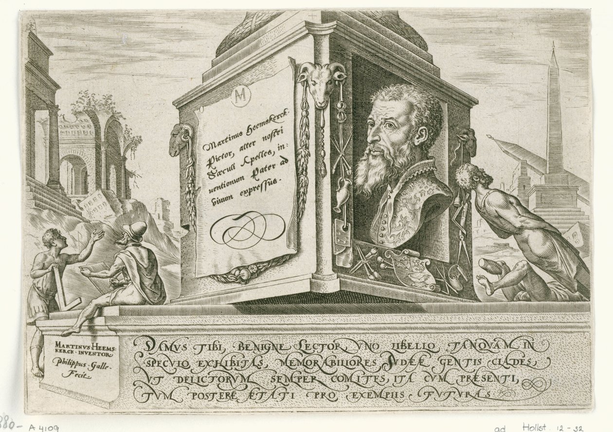 Maarten van Heemskerck portréja egy oszlop talapzatán The Days of Doom of the Jewish People (sorozat címe) alkotó: Philips Galle