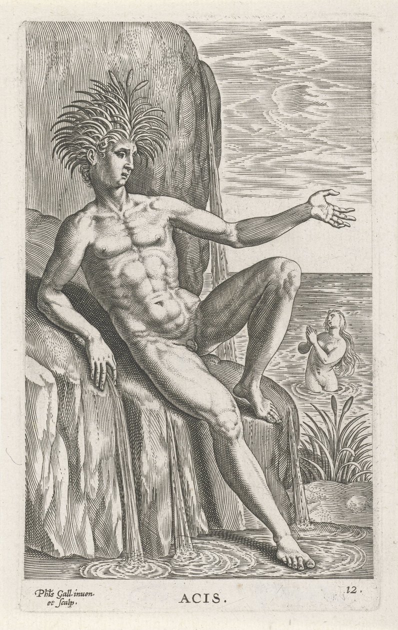 Riviergod Acis Ászok (cím az objektumon) Rivier- en zeegoden (sorozat címe) Elegáns portrék a tengeri félistenekről és az Amnicus-fókákról (sorozat címe) alkotó: Philips Galle