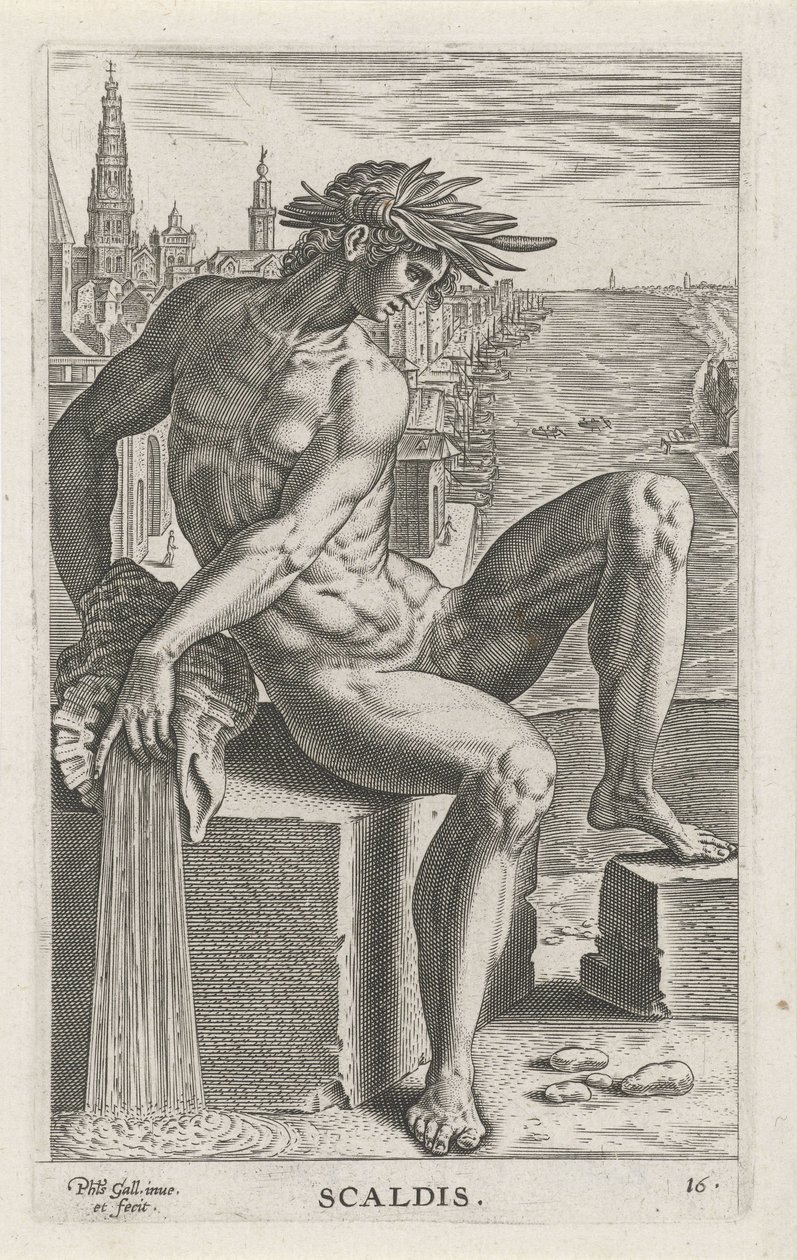 Riviergod Scaldis Scaldis (cím az objektumon) Rivier- en zeegoden (sorozat címe) Elegáns portrék a tengeri félistenekről és az Amnicus-fókákról (sorozat címe) alkotó: Philips Galle