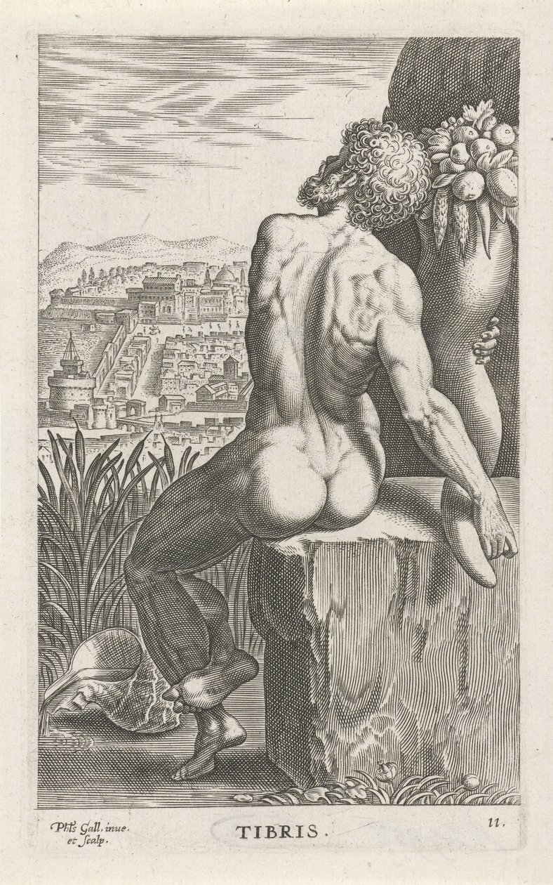 Riviergod Tiber Törzsek (cím a tárgyon) Rivier- en zeegoden (sorozat címe) Elegáns portrék a tengeri félistenekről és az Amnicus-fókákról (sorozat címe) alkotó: Philips Galle