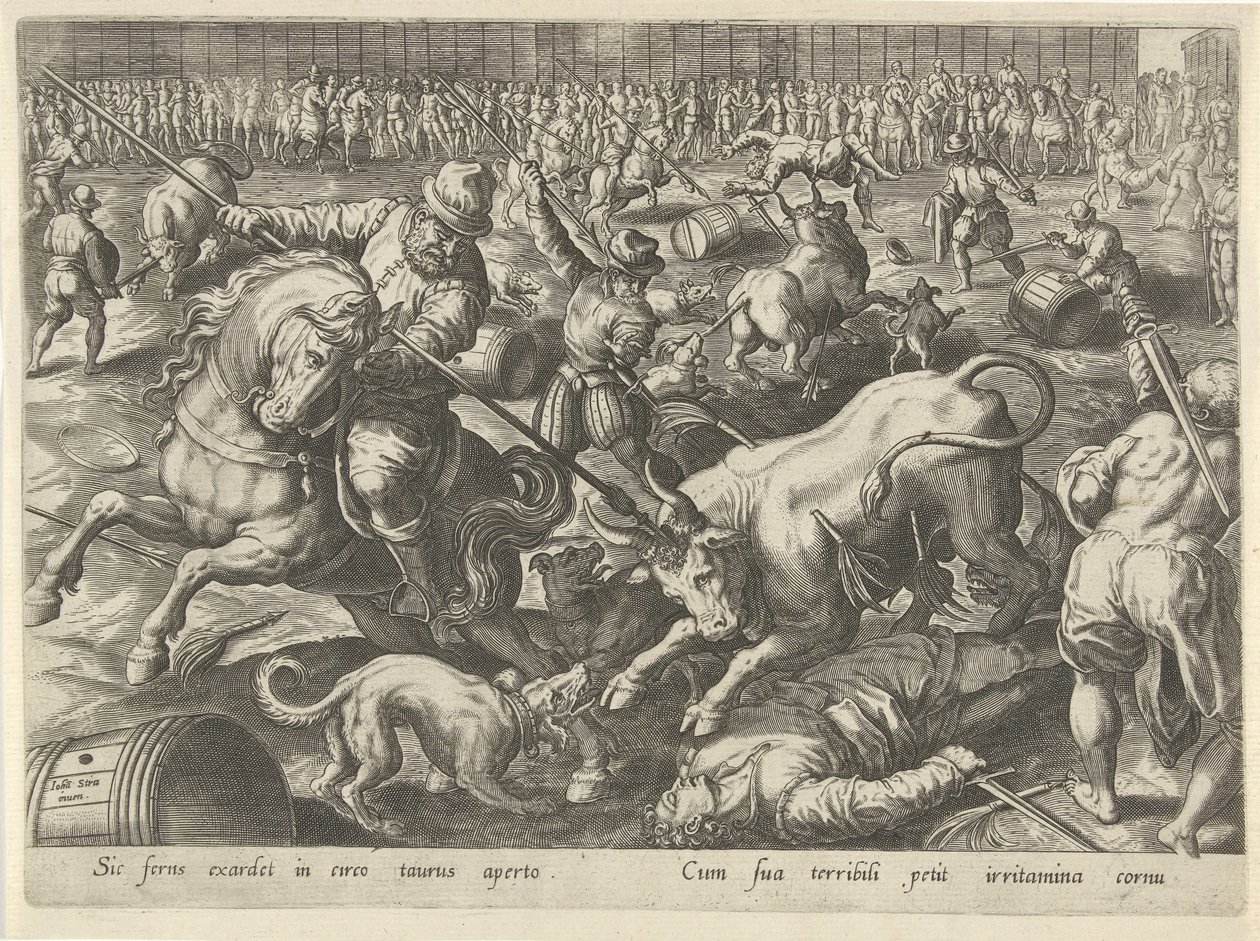 Stierengevecht Jachttaferelen (sorozat címe) Amelyben mindenféle vadászat, madártartás és horgászat (sorozat címe) alkotó: Philips Galle