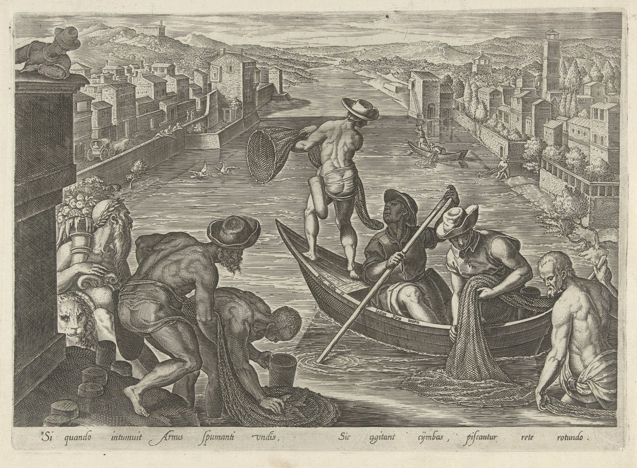 Visvangst met net Jachttaferelen (sorozat címe) Amelyben mindenféle vadászat, madártartás és horgászat (sorozat címe) alkotó: Philips Galle