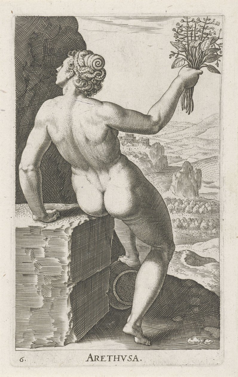 A vízi nimfa Arethusa Arthvsa (cím a tárgyon) Stroom en waternimfen (sorozat címe) Oceanitida nimfák, ephidrid potamidus naiad (sorozat címe) alkotó: Philips Galle