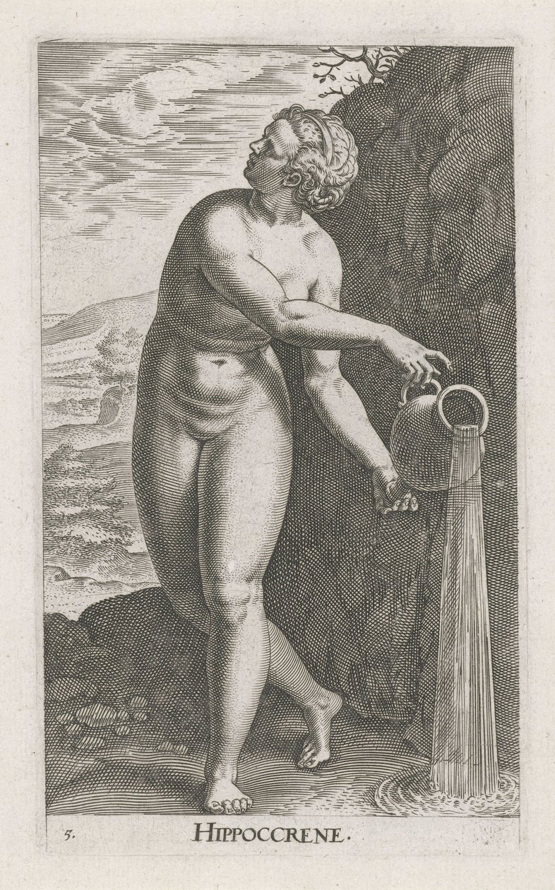 Waternimf Hippocrene Hippocrene (cím a tárgyon) Stroom – vízi nimfa (sorozat címe) Nympharum oceanitidum, Ephydridum potamidum naiadum (sorozat címe) alkotó: Philips Galle