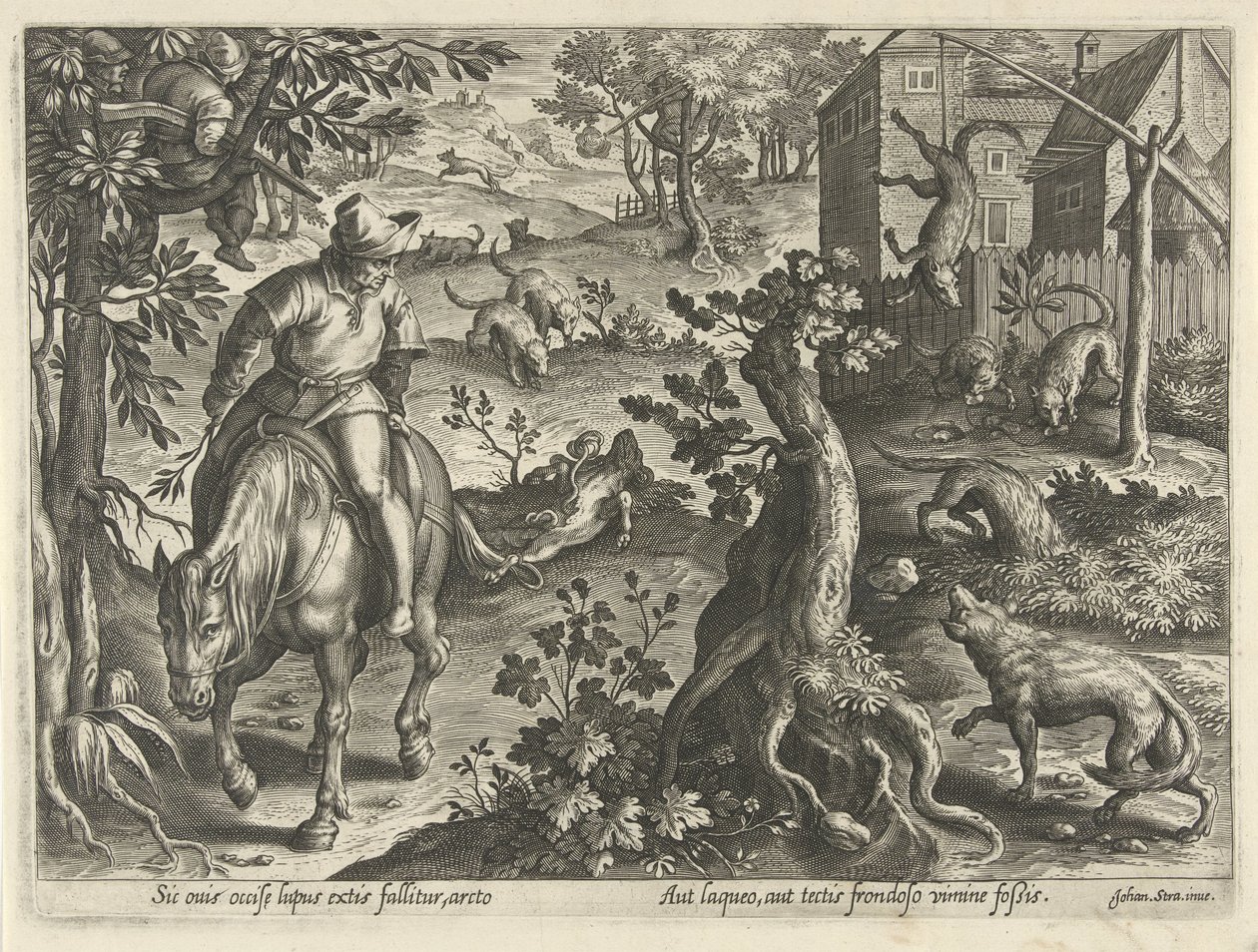 Wolvenjacht met vallen Jachttaferelen (sorozat címe) Amelyben mindenféle vadászat, madártartás és horgászat (sorozat címe) alkotó: Philips Galle